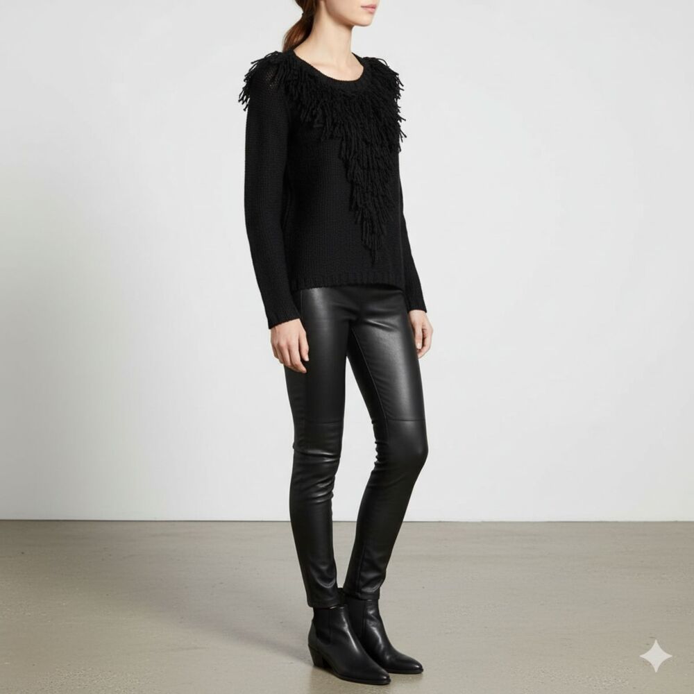 Antik Batik Aynna Fringe Black Wool Blend V-Neck Boho Sweater Size XS